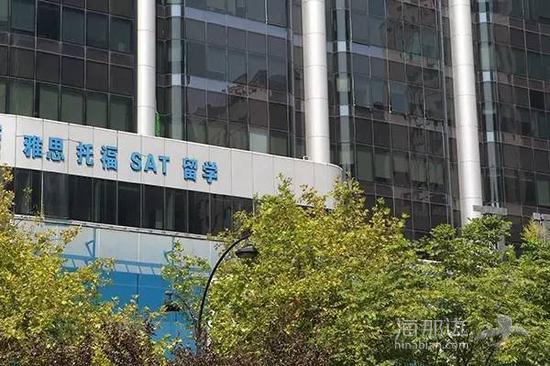 杭州延安路，很多建筑外立面上有雅思托福考试培训机构的广告。记者 严嘉俊 摄