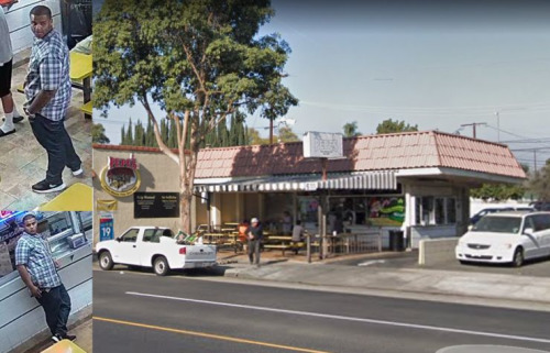 山谷西路佩佩快餐店和警方公布的嫌犯照片。 ..